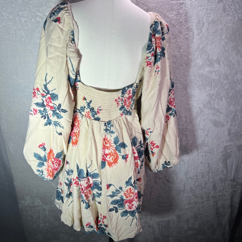 Free People Floral Print Puff Sleeve Mini Dress Beige Blue Pink Size XL‎ - Picture 8 of 12